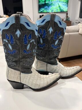 White Croc-Finish & Gray Suede Western Boots with Blue Floral Inlay